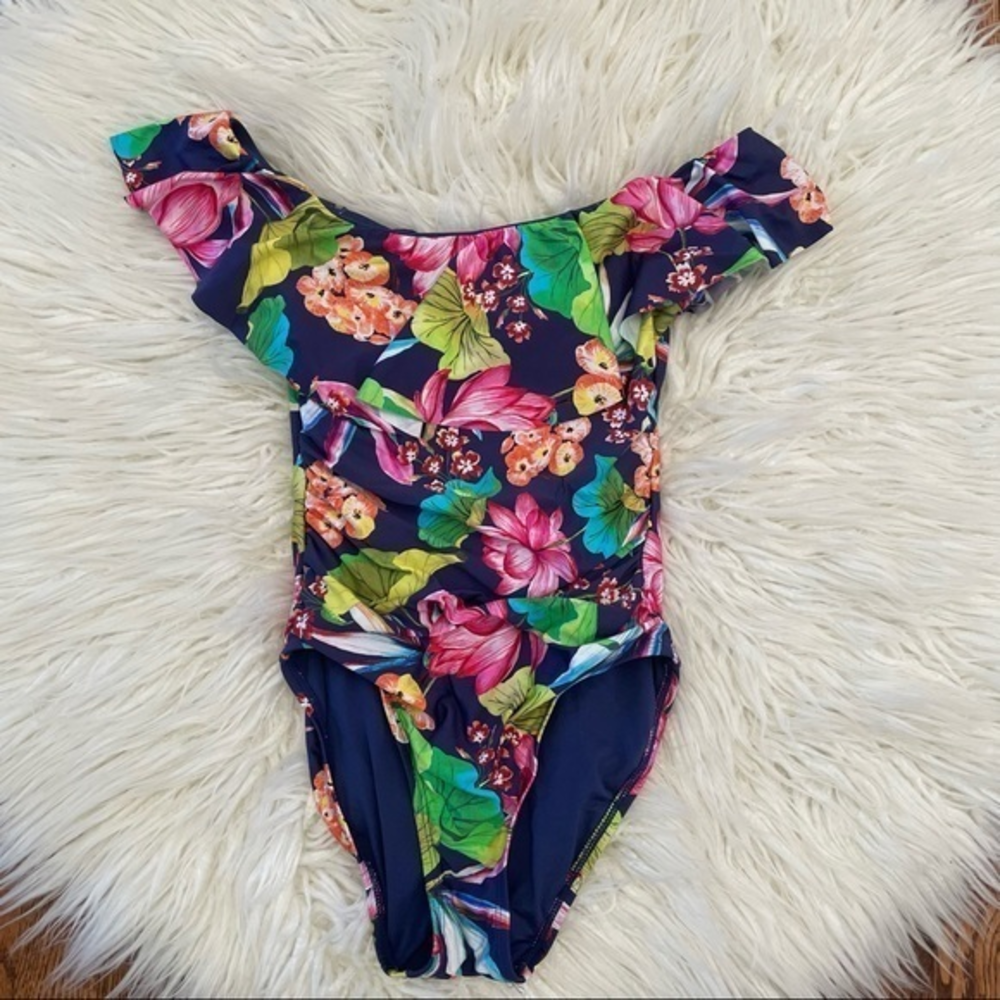 La Blanca floral off the shoulder‎ one piece swimsuit